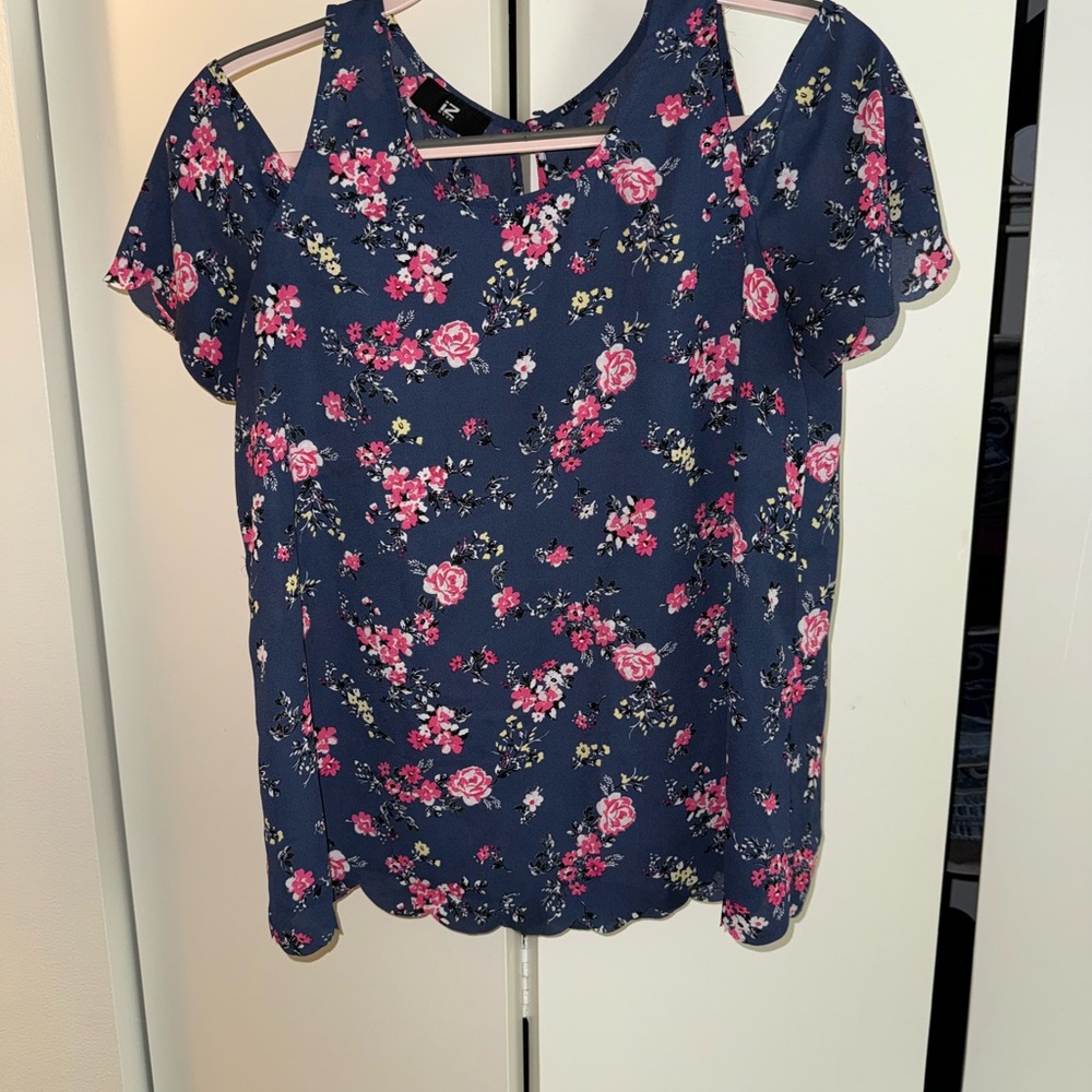 Iz Byer Navy Floral Blouse with Pink Accents